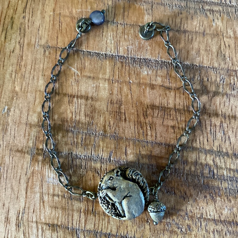 Brass Color Squirrel & Acorn Bracelet with Magnetic Closure